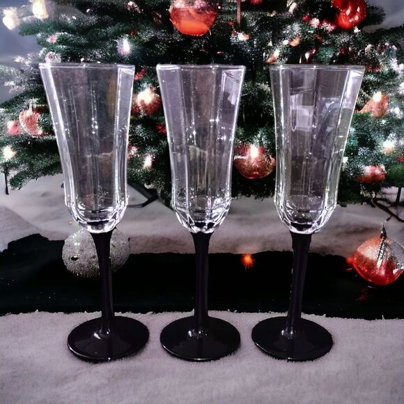 3 Luminarc Arcoroc Octime Domino Champagne Flutes Glasses France Set Black Stem. - Picture 1 of 16